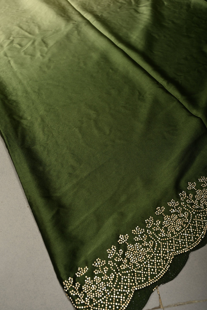 Green Ombre Satin Georgette Saree with Tone on Tone Powder Stones Work and Scallop Border | SHOBITAM
