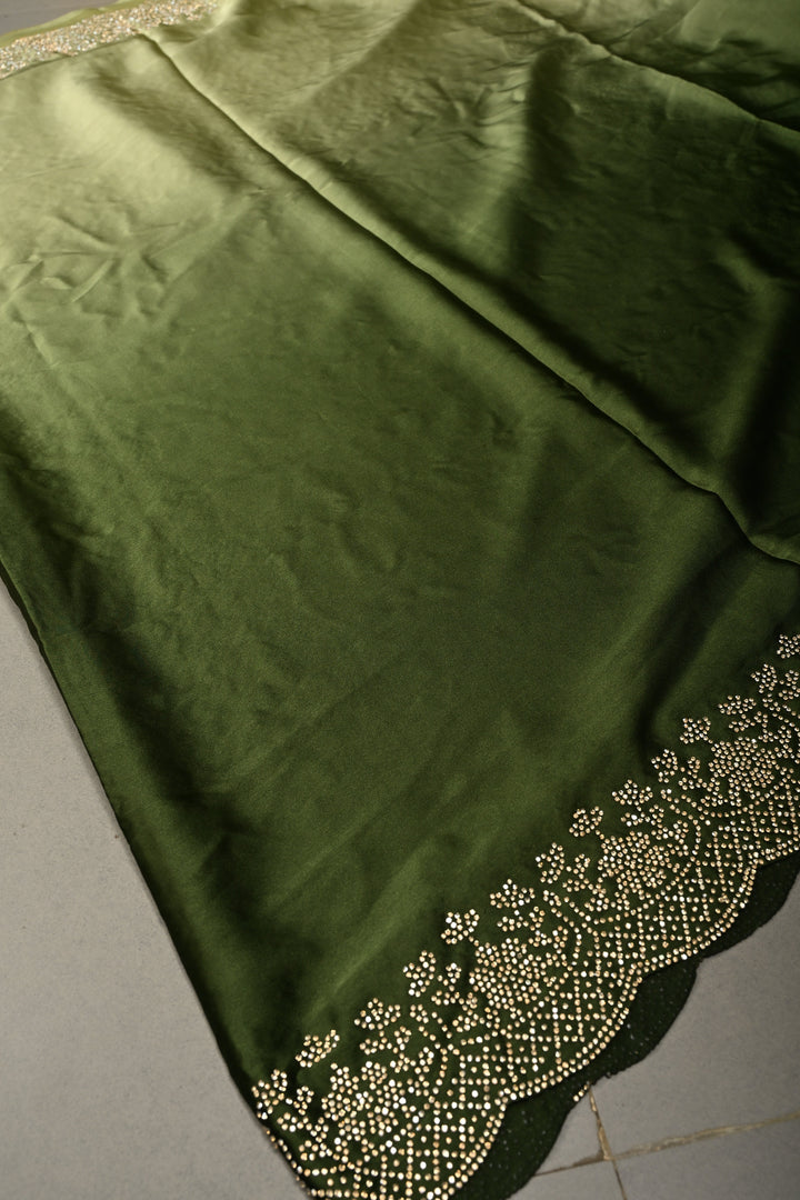 Green Ombre Satin Georgette Saree with Tone on Tone Powder Stones Work and Scallop Border | SHOBITAM