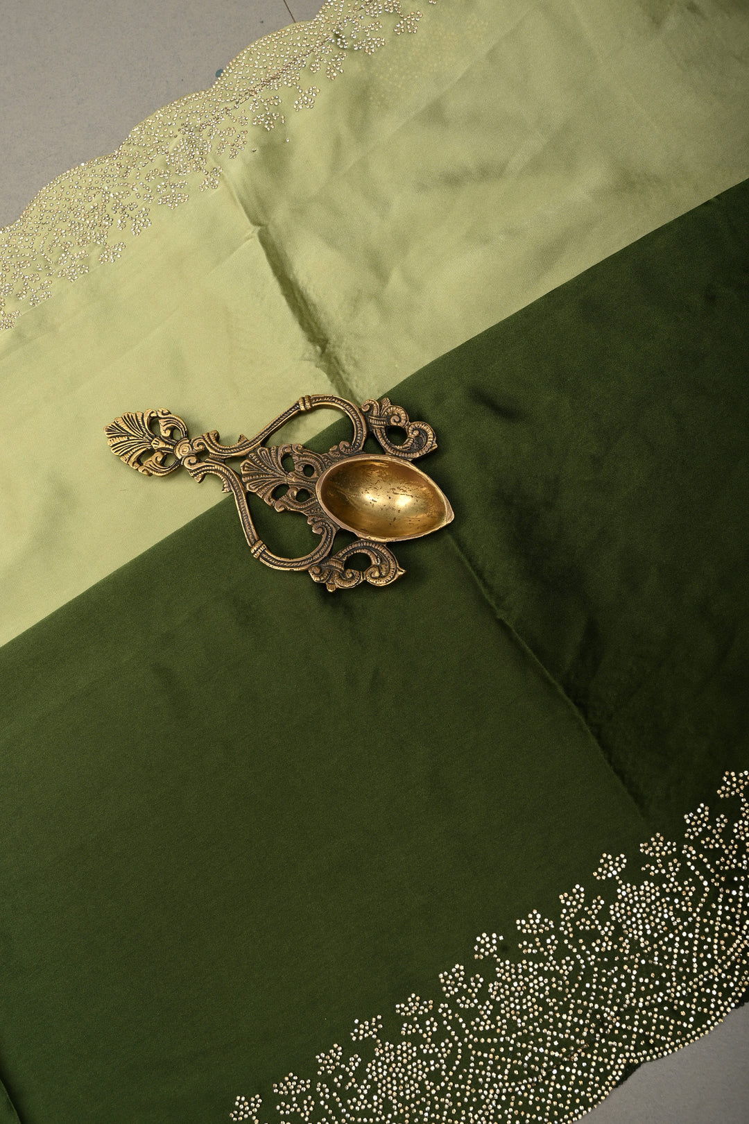Green Ombre Satin Georgette Saree with Tone on Tone Powder Stones Work and Scallop Border | SHOBITAM