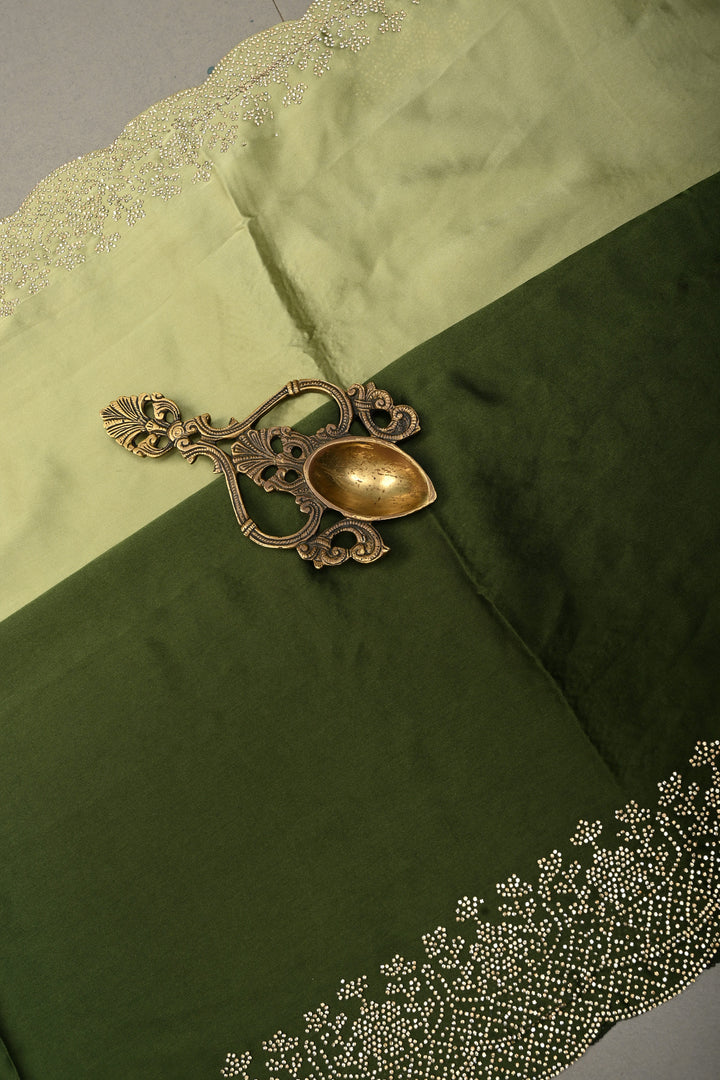 Green Ombre Satin Georgette Saree with Tone on Tone Powder Stones Work and Scallop Border | SHOBITAM