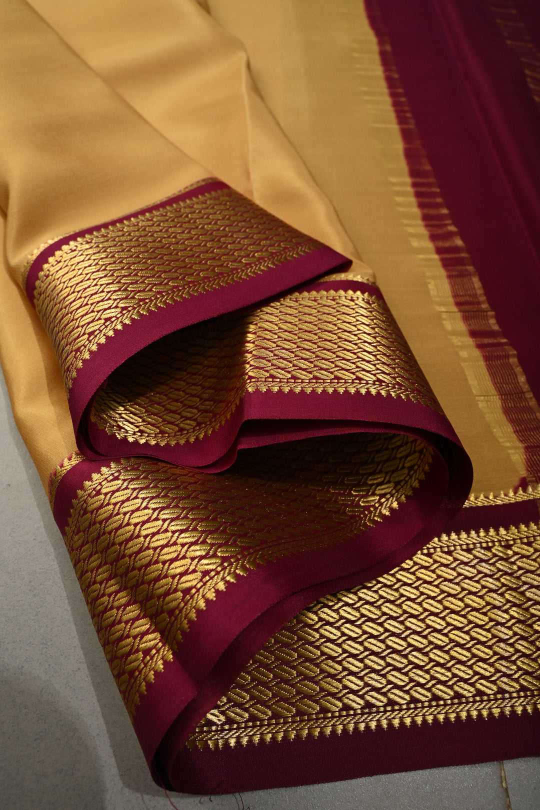 Dark Beige Mysore Silk Saree with Contrast Biscuit Zari Borders  | SILK MARK CERTIFIED | SHOBITAM
