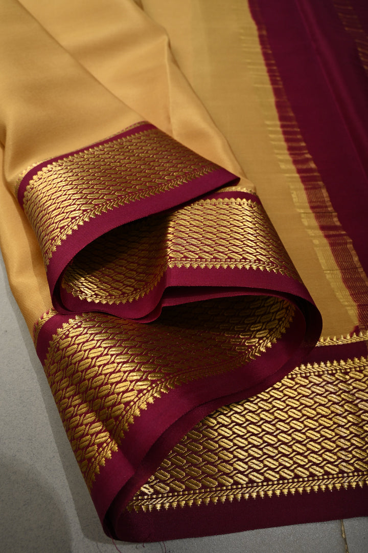 Dark Beige Mysore Silk Saree with Contrast Biscuit Zari Borders  | SILK MARK CERTIFIED | SHOBITAM