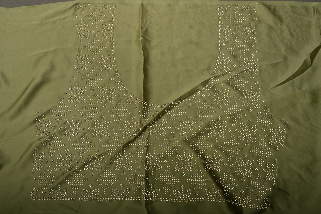 Green Ombre Satin Georgette Saree with Tone on Tone Powder Stones Work and Scallop Border | SHOBITAM