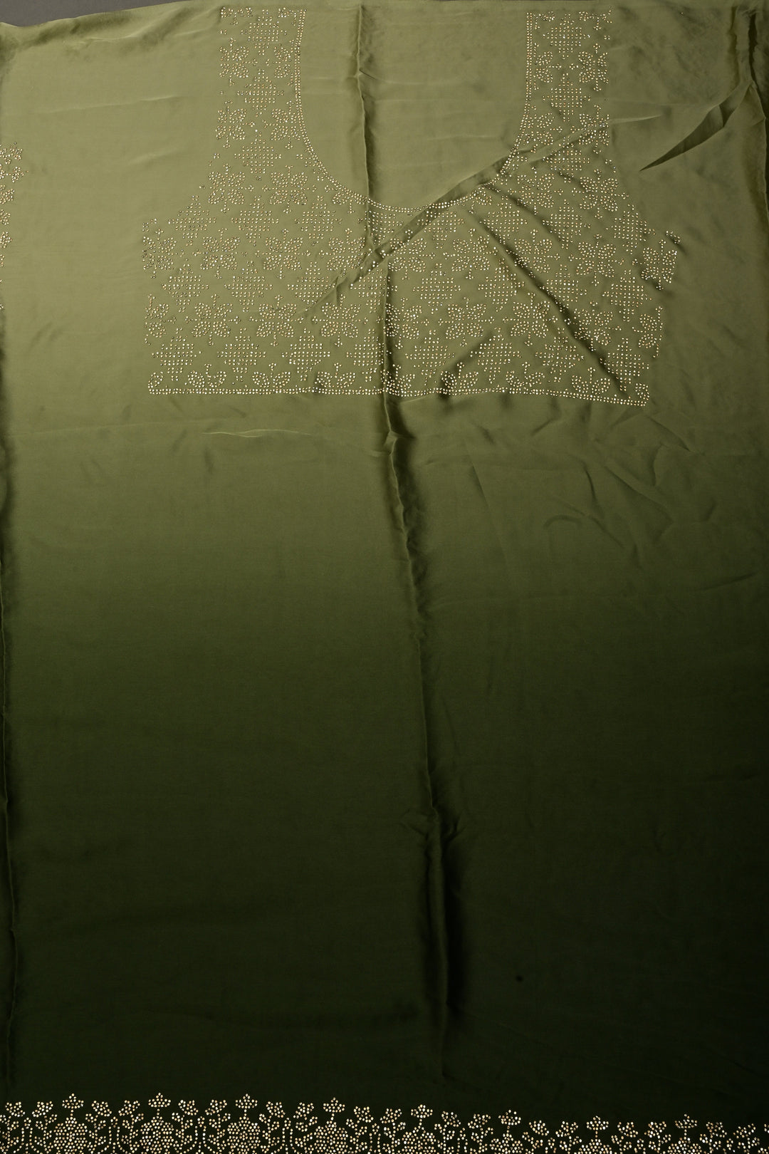 Green Ombre Satin Georgette Saree with Tone on Tone Powder Stones Work and Scallop Border | SHOBITAM