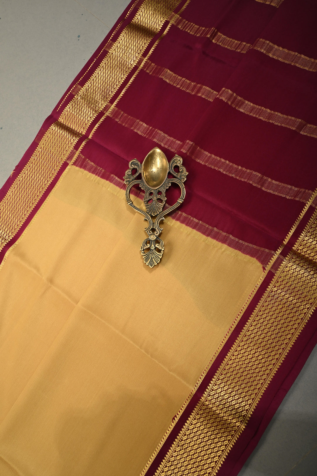 Dark Beige Mysore Silk Saree with Contrast Biscuit Zari Borders  | SILK MARK CERTIFIED | SHOBITAM