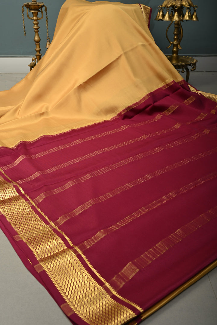 Dark Beige Mysore Silk Saree with Contrast Biscuit Zari Borders  | SILK MARK CERTIFIED | SHOBITAM