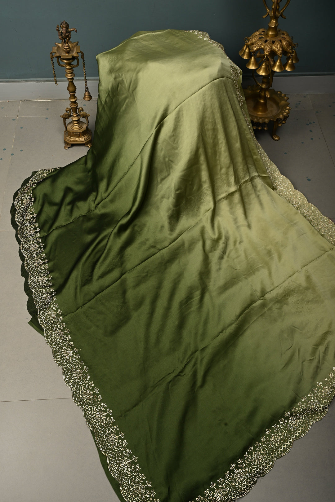 Green Ombre Satin Georgette Saree with Tone on Tone Powder Stones Work and Scallop Border | SHOBITAM