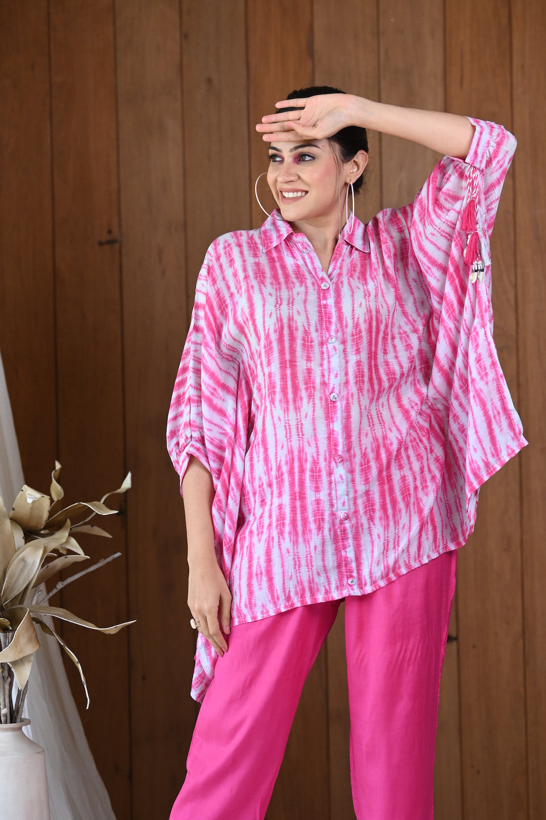 Pink Shibori Muslin Kaftan Top & Pant Set- SET OF-2 | SHOBITAM