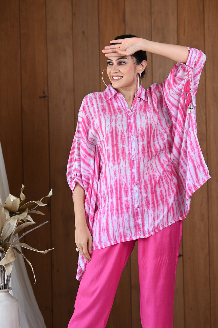 Pink Shibori Muslin Kaftan Top & Pant Set- SET OF-2 | SHOBITAM