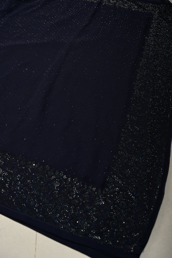 Deep Midnight Blue Georgette Saree with Tone on Tone Powder Stones Work and Border | SHOBITAM