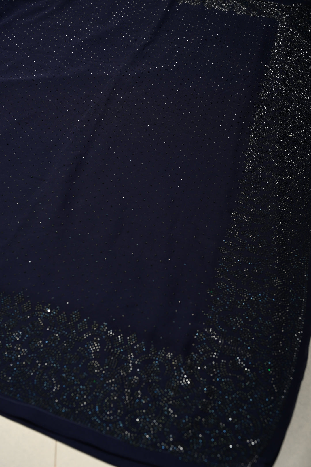 Deep Midnight Blue Georgette Saree with Tone on Tone Powder Stones Work and Border | SHOBITAM