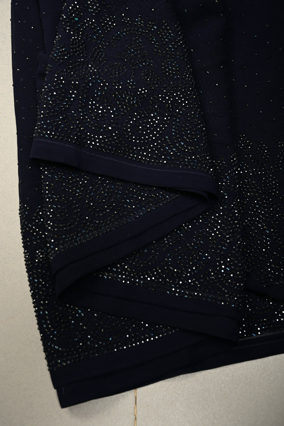 Deep Midnight Blue Georgette Saree with Tone on Tone Powder Stones Work and Border | SHOBITAM