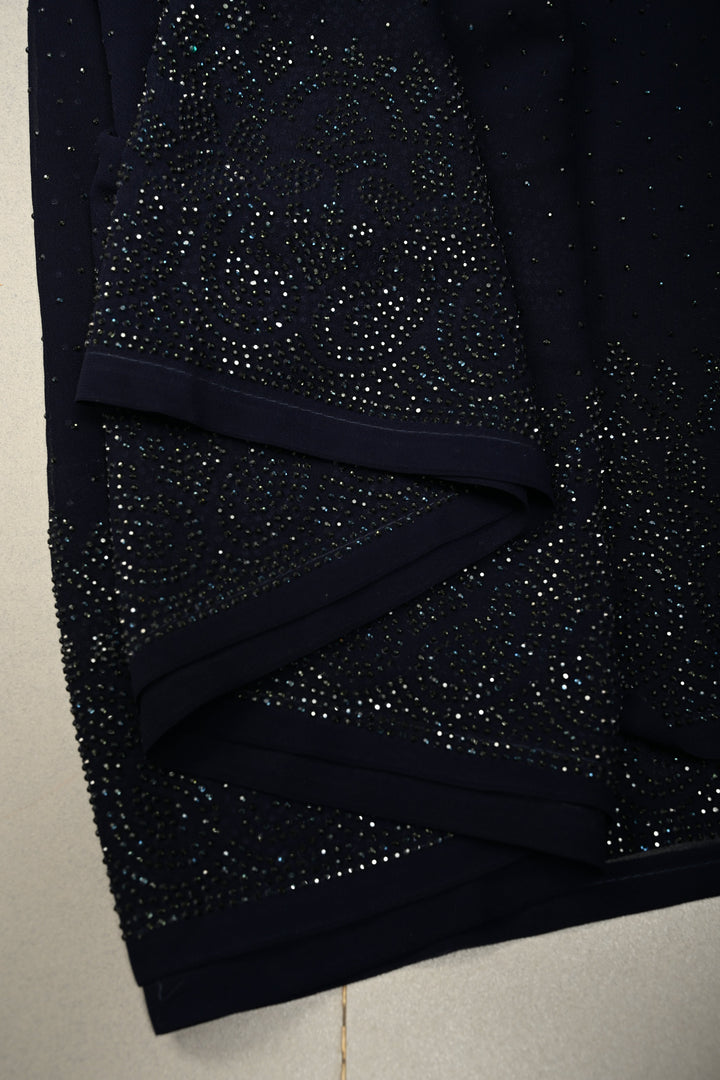 Deep Midnight Blue Georgette Saree with Tone on Tone Powder Stones Work and Border | SHOBITAM
