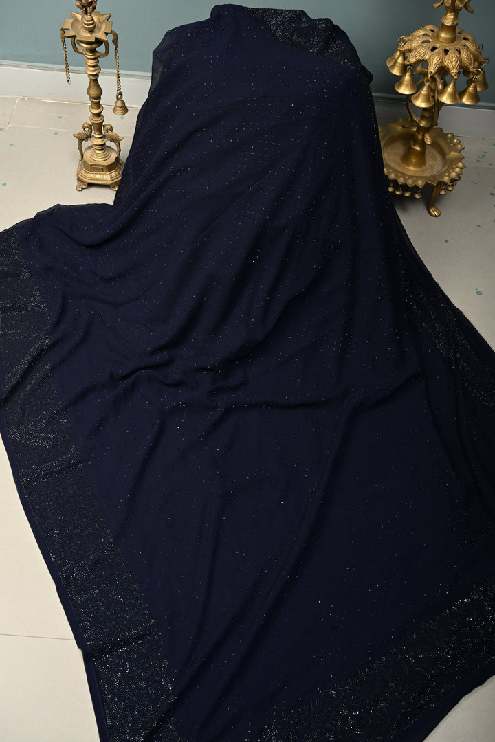 Deep Midnight Blue Georgette Saree with Tone on Tone Powder Stones Work and Border | SHOBITAM