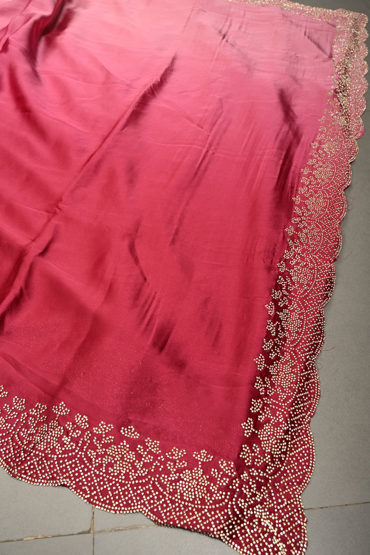 Pink Ombre Satin Georgette Saree with Tone on Tone Powder Stones Work and Scallop Border | SHOBITAM