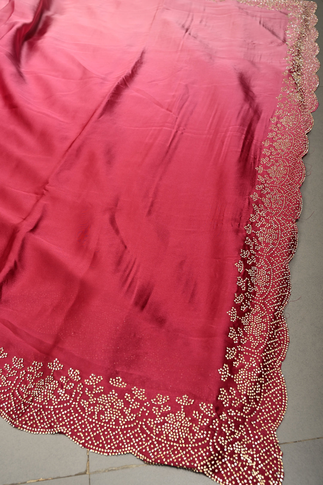 Pink Ombre Satin Georgette Saree with Tone on Tone Powder Stones Work and Scallop Border | SHOBITAM