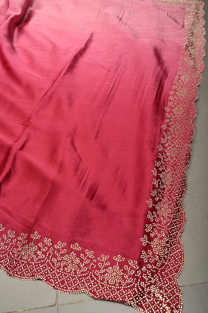 Pink Ombre Satin Georgette Saree with Tone on Tone Powder Stones Work and Scallop Border | SHOBITAM