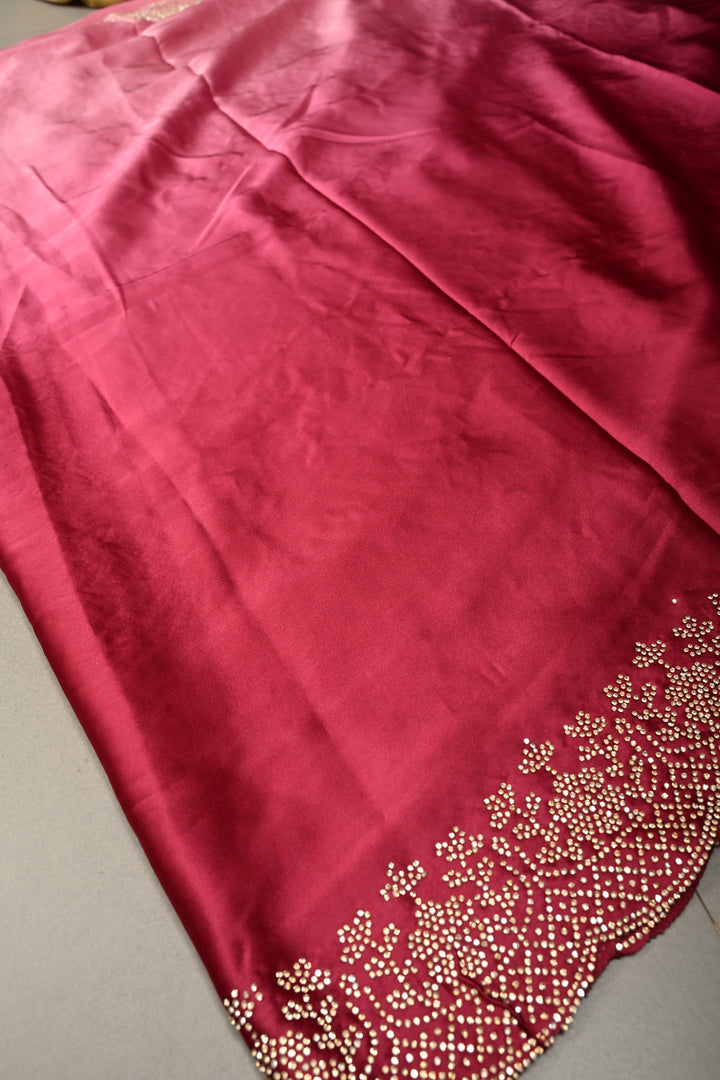 Pink Ombre Satin Georgette Saree with Tone on Tone Powder Stones Work and Scallop Border | SHOBITAM