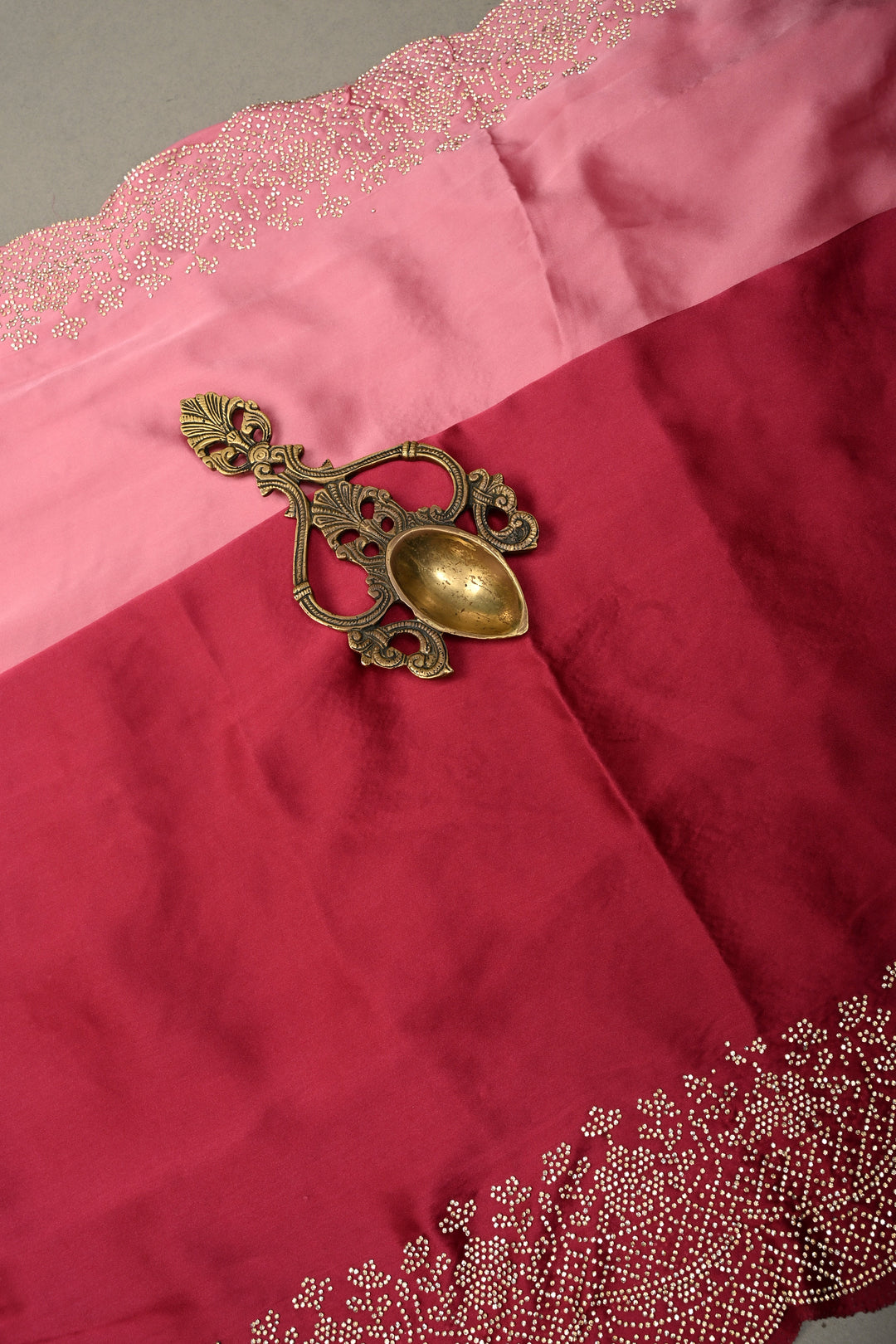 Pink Ombre Satin Georgette Saree with Tone on Tone Powder Stones Work and Scallop Border | SHOBITAM