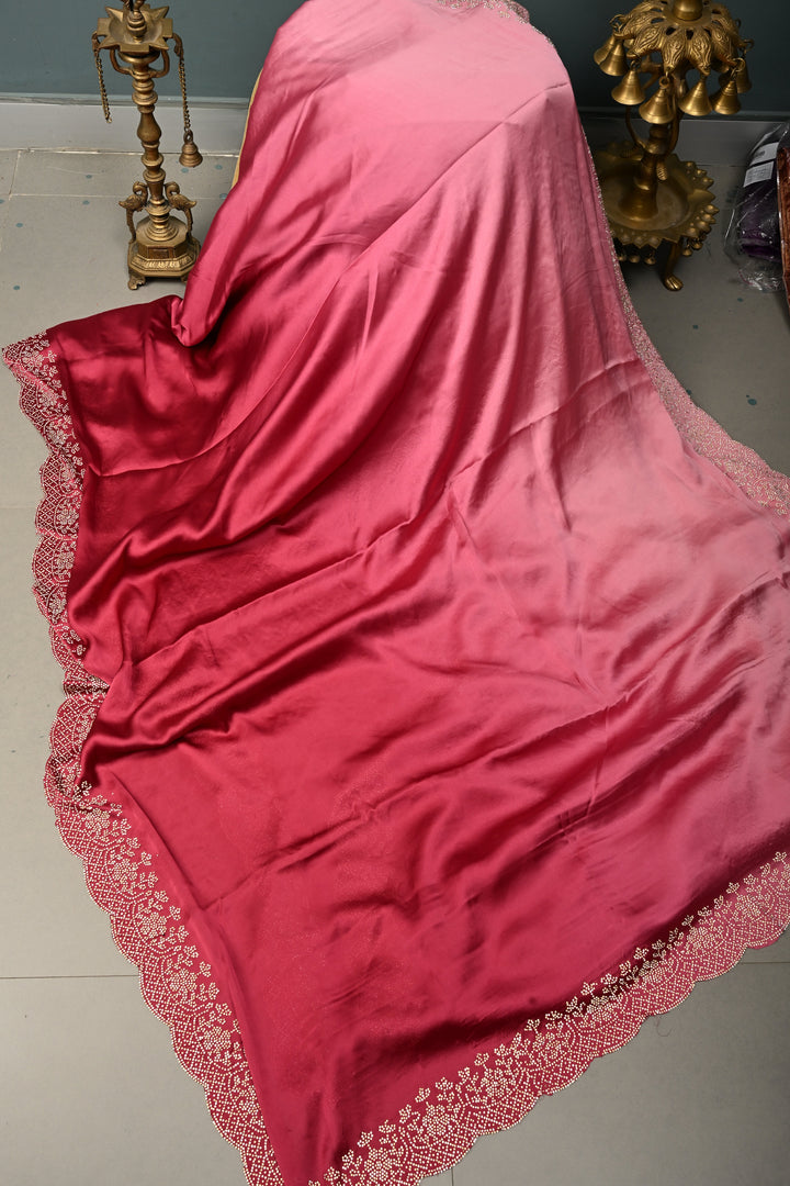 Pink Ombre Satin Georgette Saree with Tone on Tone Powder Stones Work and Scallop Border | SHOBITAM