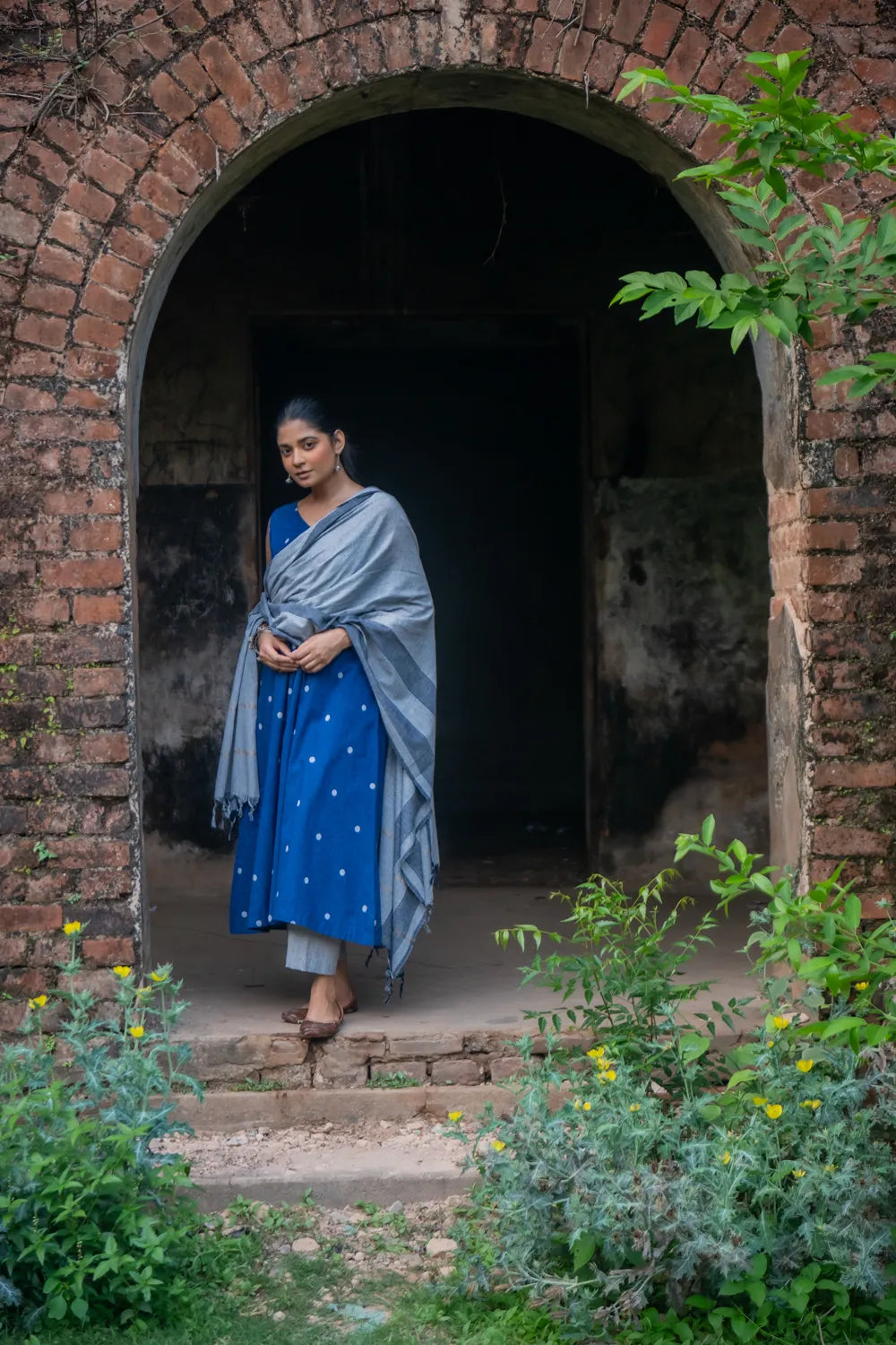 Blue Pure South Cotton Polka Woven Kurta Set with Dupatta | SHOBITAM