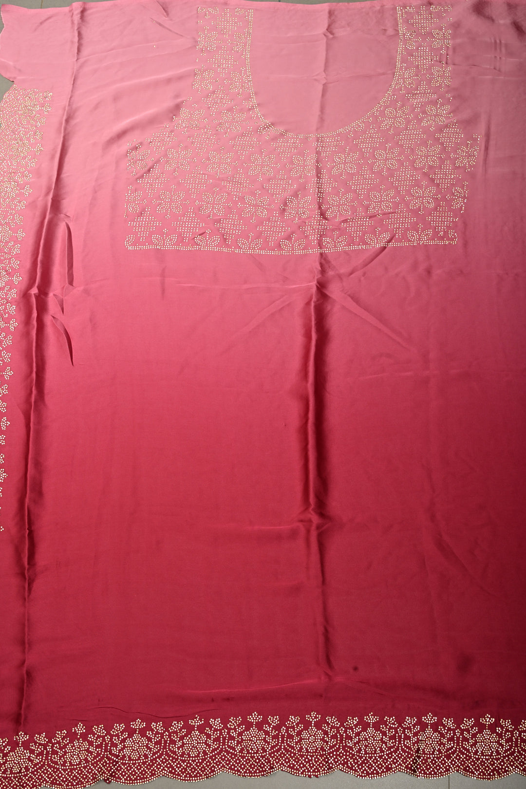 Pink Ombre Satin Georgette Saree with Tone on Tone Powder Stones Work and Scallop Border | SHOBITAM