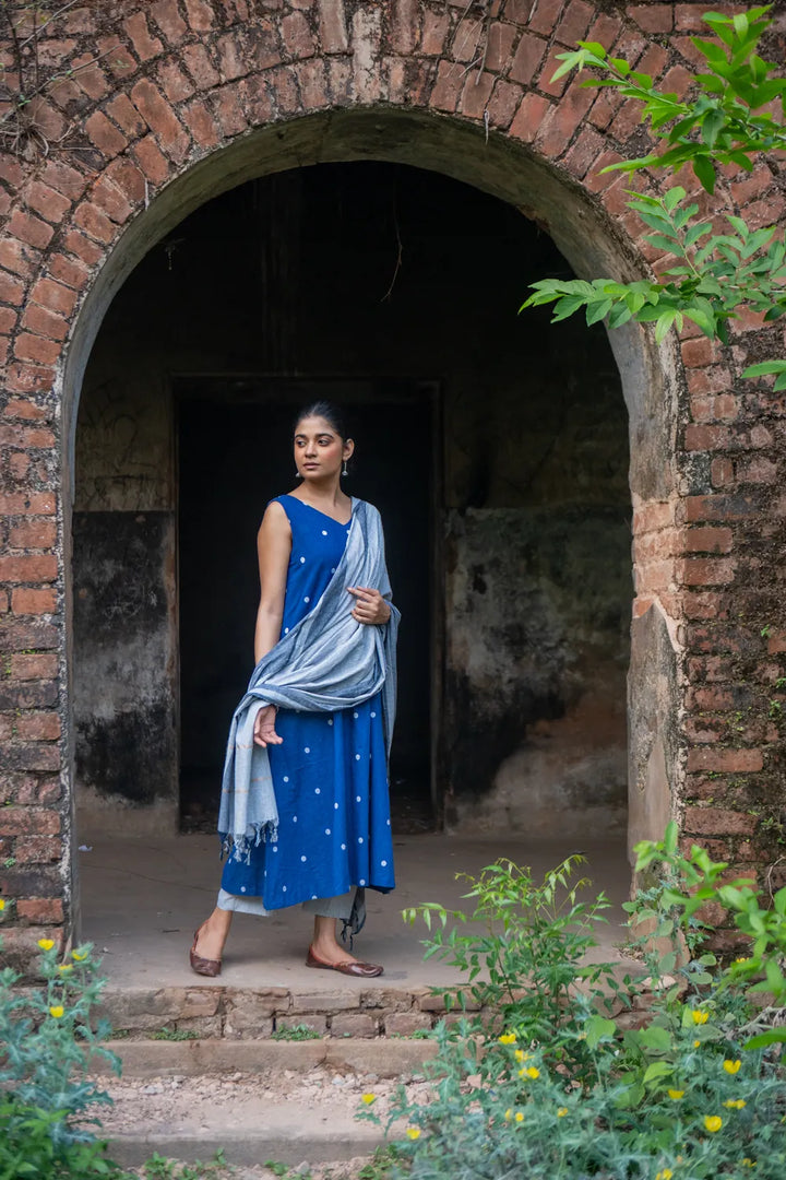 Blue Pure South Cotton Polka Woven Kurta Set with Dupatta | SHOBITAM