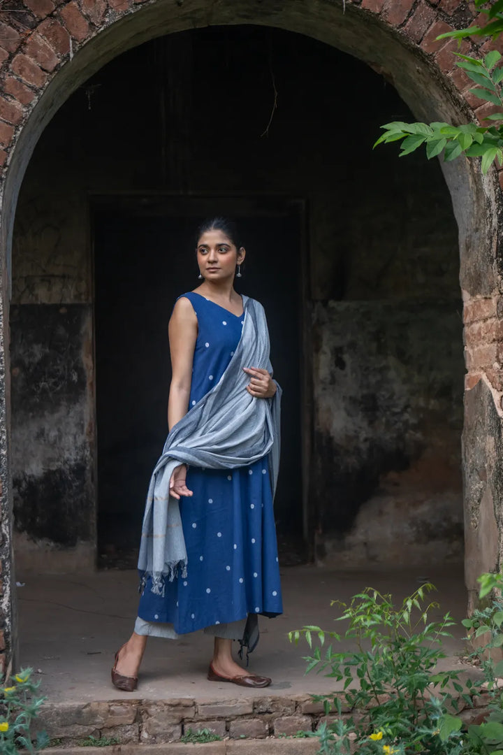Blue Pure South Cotton Polka Woven Kurta Set with Dupatta | SHOBITAM
