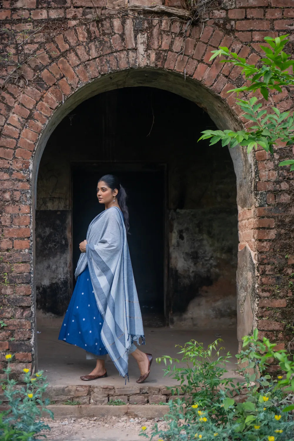 Blue Pure South Cotton Polka Woven Kurta Set with Dupatta | SHOBITAM
