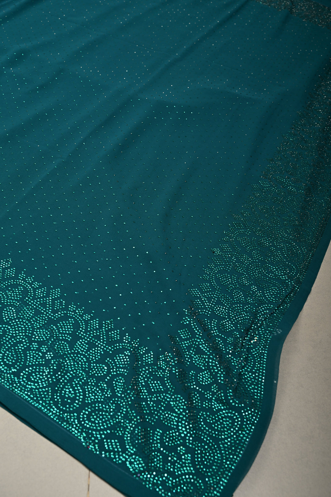 Green Georgette Saree with Tone on Tone Powder Stones Work and Border | SHOBITAM