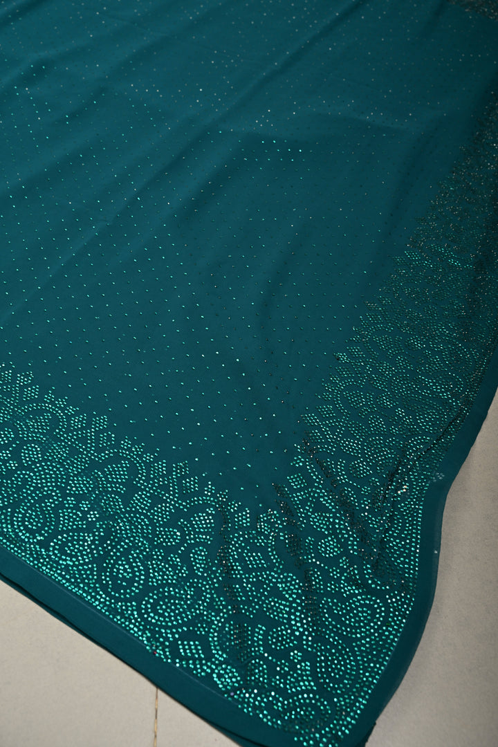 Green Georgette Saree with Tone on Tone Powder Stones Work and Border | SHOBITAM