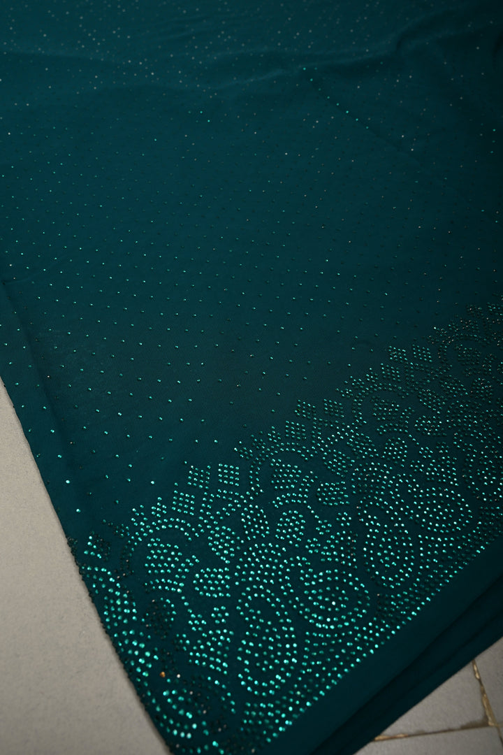 Green Georgette Saree with Tone on Tone Powder Stones Work and Border | SHOBITAM