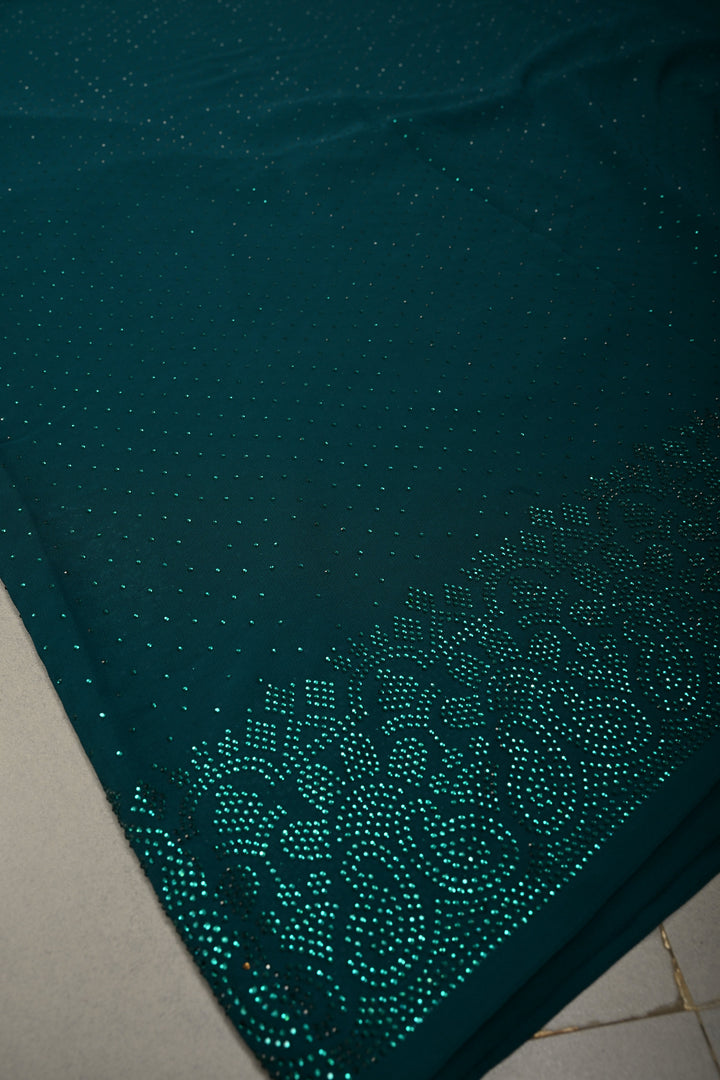 Green Georgette Saree with Tone on Tone Powder Stones Work and Border | SHOBITAM