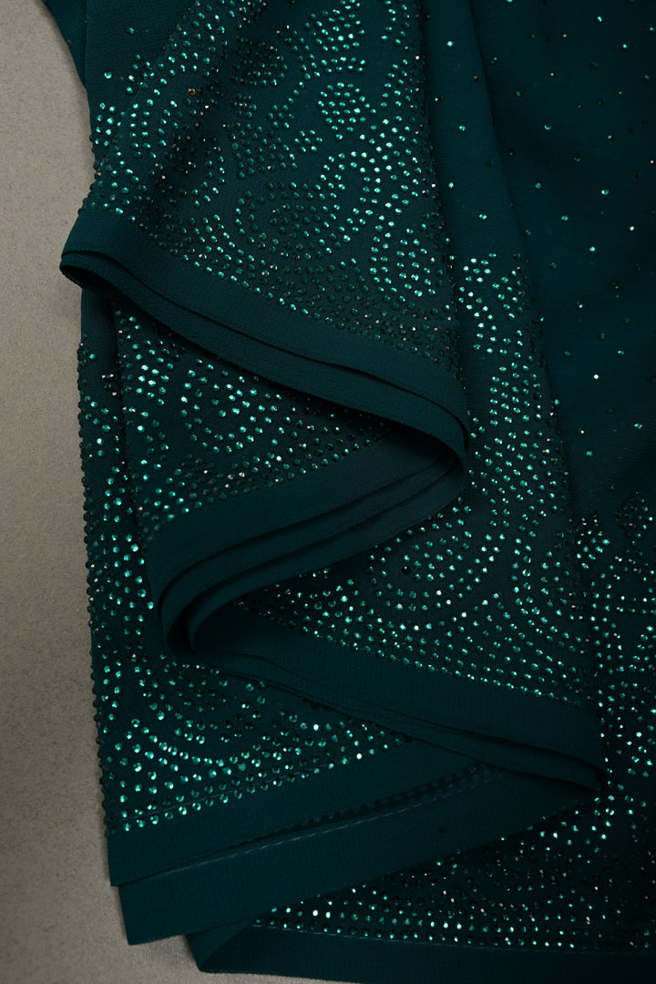 Green Georgette Saree with Tone on Tone Powder Stones Work and Border | SHOBITAM