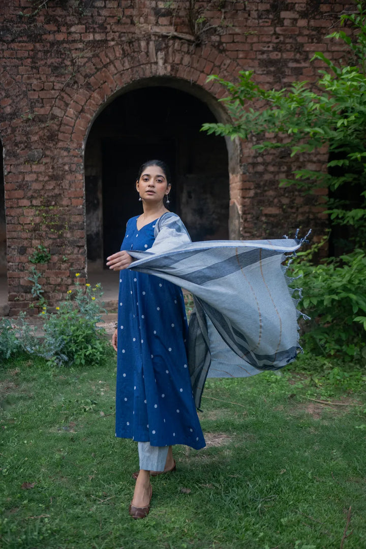 Blue Pure South Cotton Polka Woven Kurta Set with Dupatta | SHOBITAM