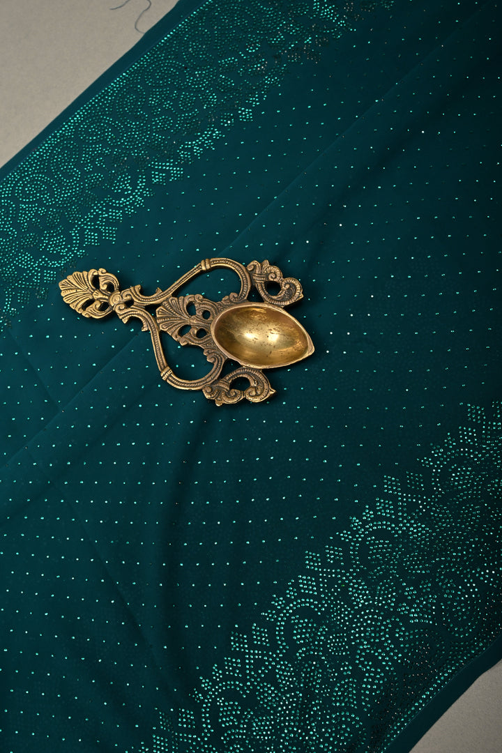 Green Georgette Saree with Tone on Tone Powder Stones Work and Border | SHOBITAM