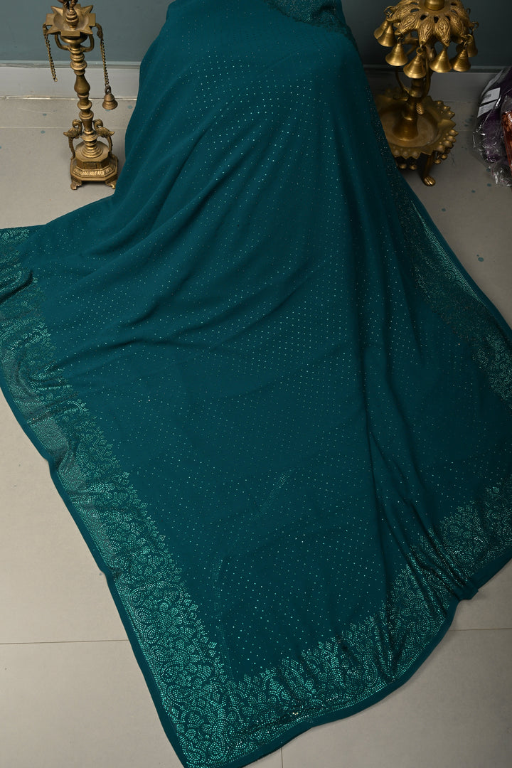 Green Georgette Saree with Tone on Tone Powder Stones Work and Border | SHOBITAM
