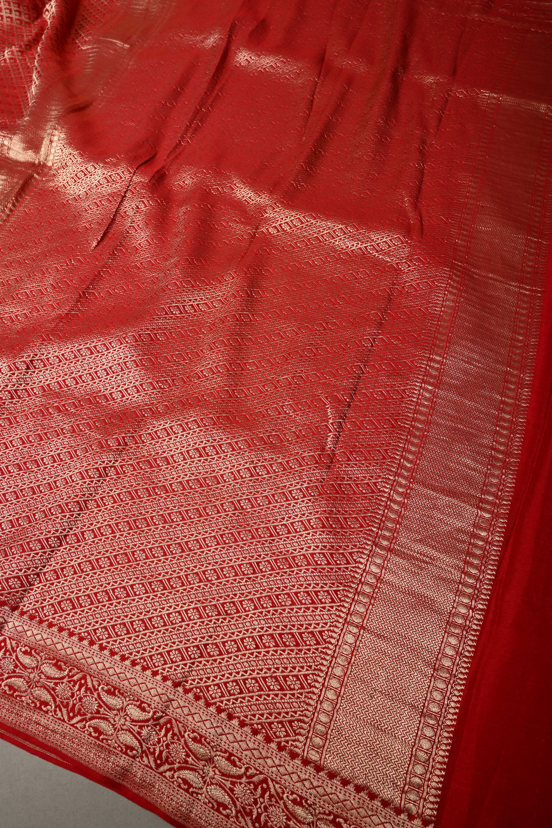Blood Red Mysore Crepe Silk Saree with Floral Brocade Jaal and Wide Zari Border in KSIC Grade Thickness | SILK MARK CERTIFIED | SHOBITAM
