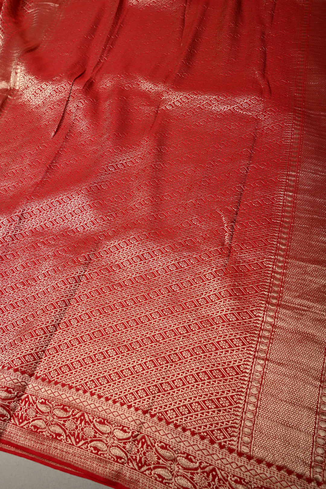 Blood Red Mysore Crepe Silk Saree with Floral Brocade Jaal and Wide Zari Border in KSIC Grade Thickness | SILK MARK CERTIFIED | SHOBITAM