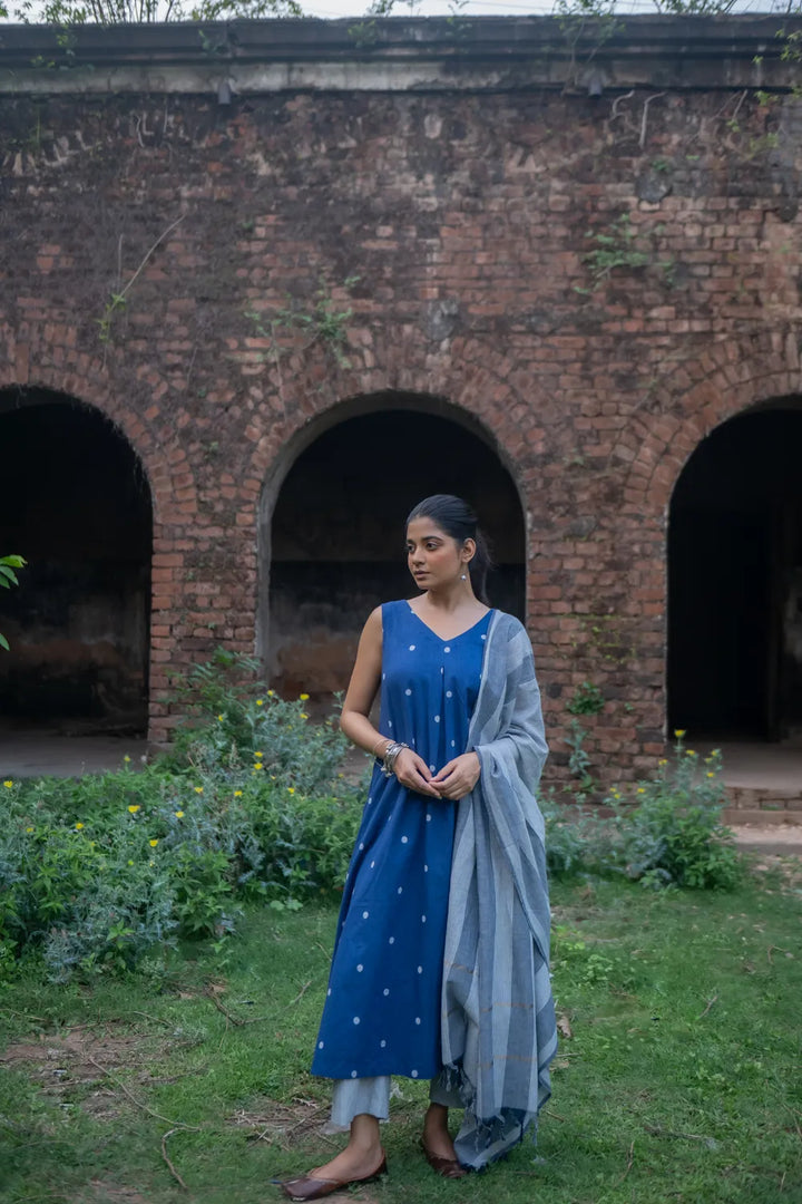 Blue Pure South Cotton Polka Woven Kurta Set with Dupatta | SHOBITAM