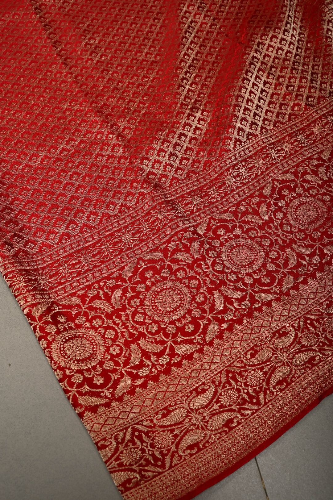 Blood Red Mysore Crepe Silk Saree with Floral Brocade Jaal and Wide Zari Border in KSIC Grade Thickness | SILK MARK CERTIFIED | SHOBITAM