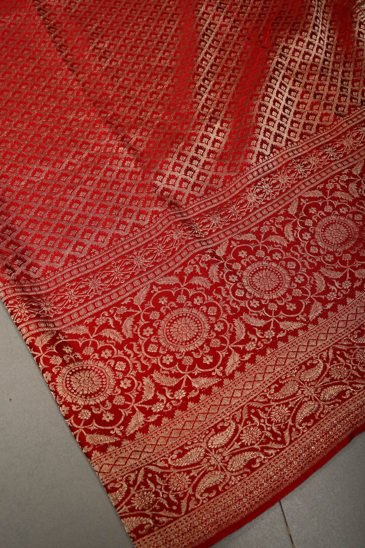 Blood Red Mysore Crepe Silk Saree with Floral Brocade Jaal and Wide Zari Border in KSIC Grade Thickness | SILK MARK CERTIFIED | SHOBITAM