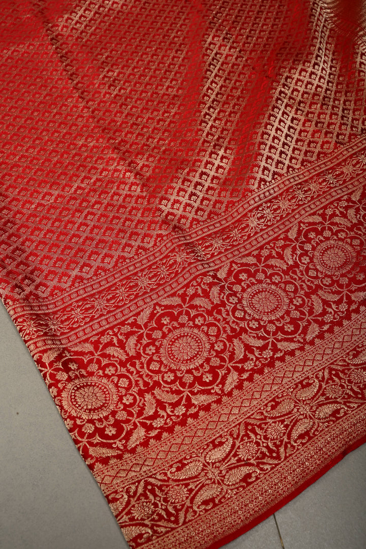 Blood Red Mysore Crepe Silk Saree with Floral Brocade Jaal and Wide Zari Border in KSIC Grade Thickness | SILK MARK CERTIFIED | SHOBITAM