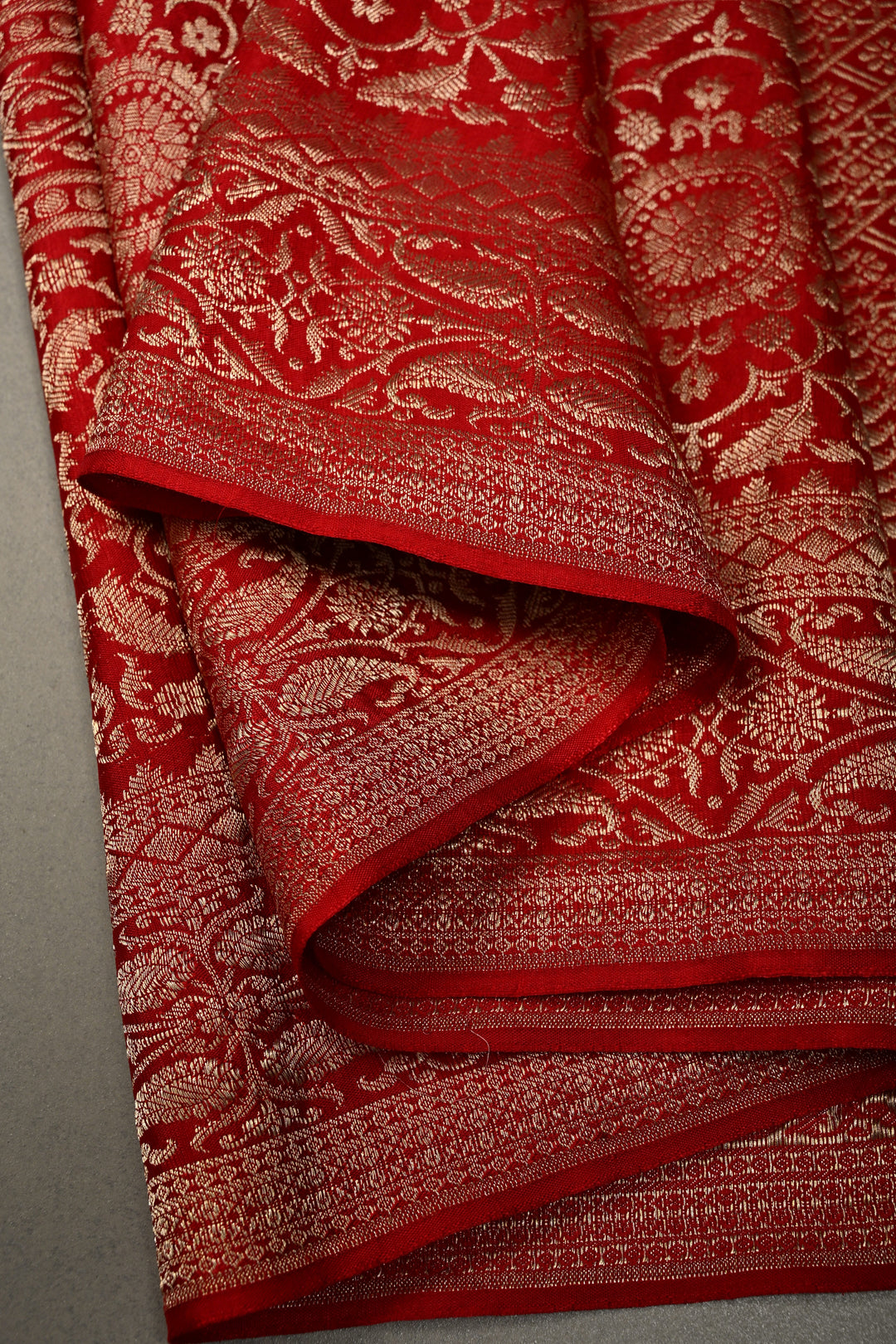 Blood Red Mysore Crepe Silk Saree with Floral Brocade Jaal and Wide Zari Border in KSIC Grade Thickness | SILK MARK CERTIFIED | SHOBITAM