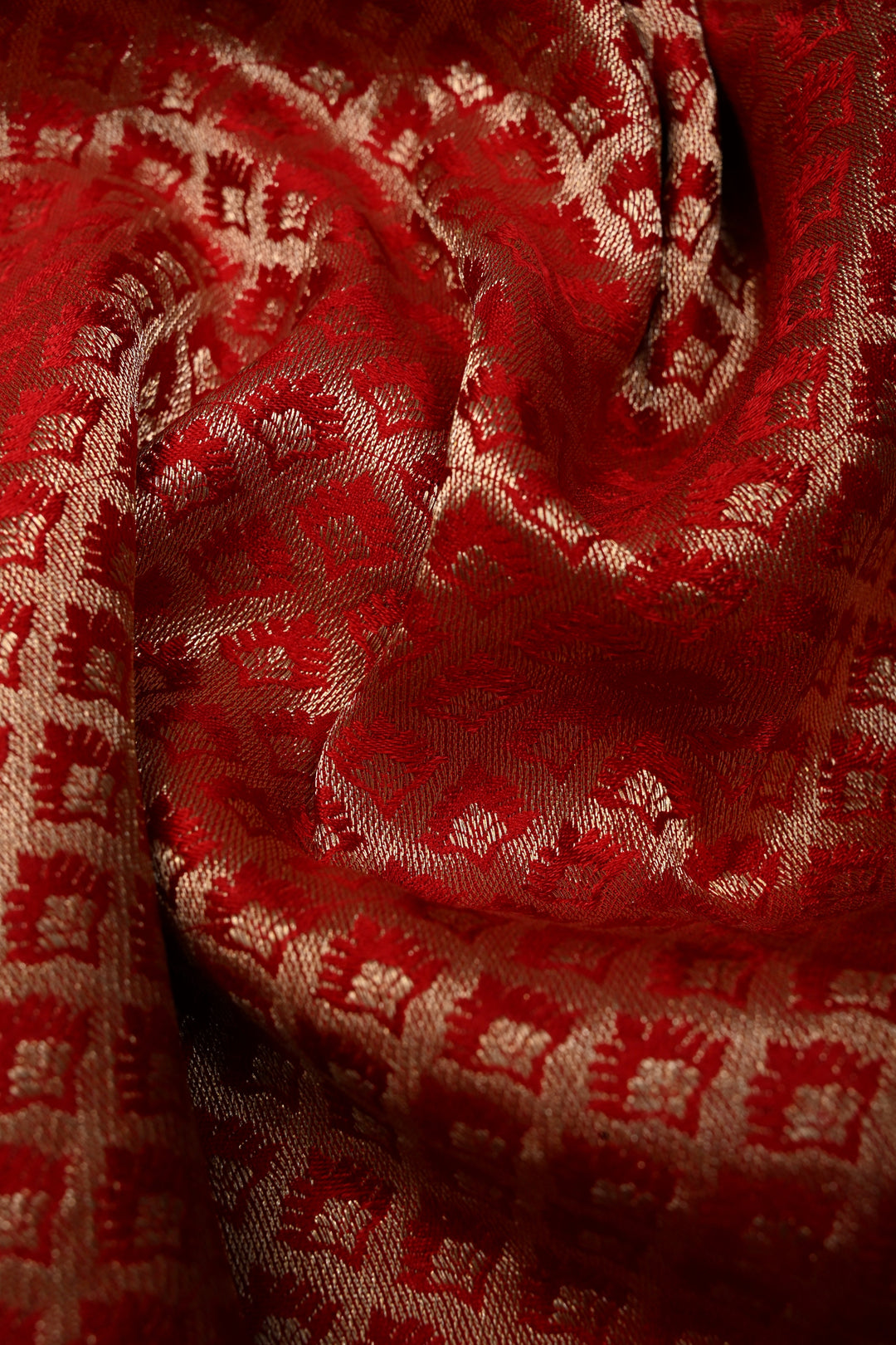 Blood Red Mysore Crepe Silk Saree with Floral Brocade Jaal and Wide Zari Border in KSIC Grade Thickness | SILK MARK CERTIFIED | SHOBITAM