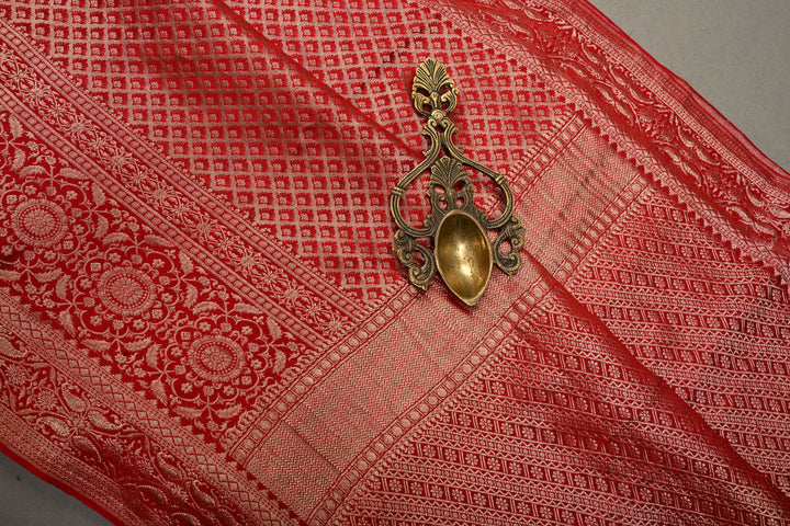 Blood Red Mysore Crepe Silk Saree with Floral Brocade Jaal and Wide Zari Border in KSIC Grade Thickness | SILK MARK CERTIFIED | SHOBITAM