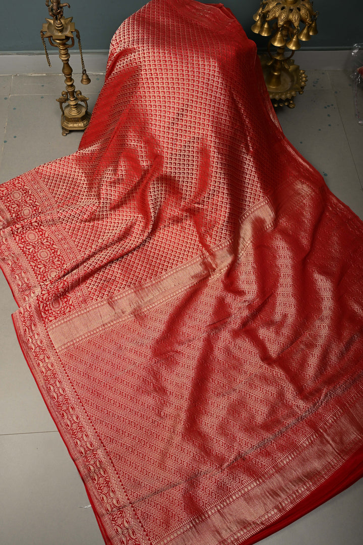 Blood Red Mysore Crepe Silk Saree with Floral Brocade Jaal and Wide Zari Border in KSIC Grade Thickness | SILK MARK CERTIFIED | SHOBITAM