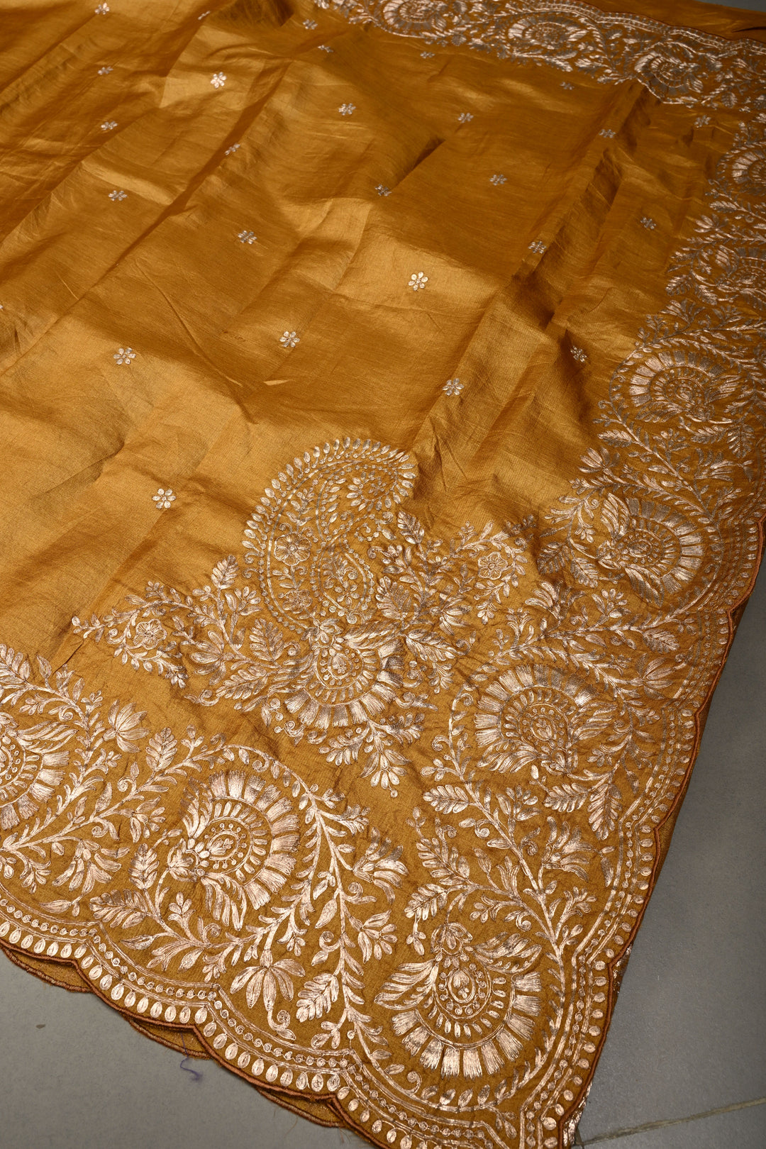 Mustard Pitta work Embroidery on Pure Natural Tussar Silk Saree with Koniya Motifs and Scallop Border | SILK MARK CERTIFIED | SHOBITAM