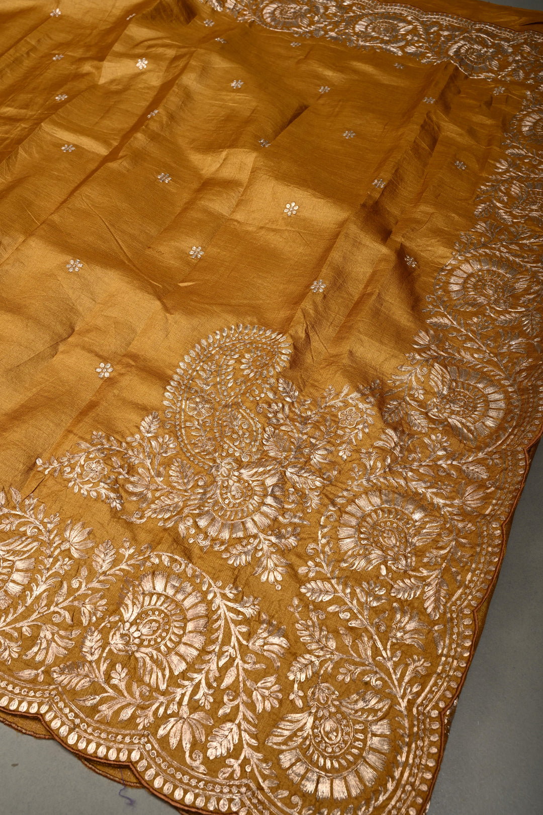 Mustard Pitta work Embroidery on Pure Natural Tussar Silk Saree with Koniya Motifs and Scallop Border | SILK MARK CERTIFIED | SHOBITAM