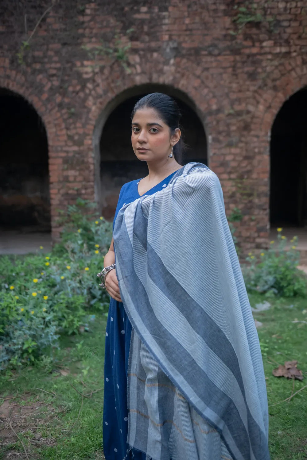 Blue Pure South Cotton Polka Woven Kurta Set with Dupatta | SHOBITAM